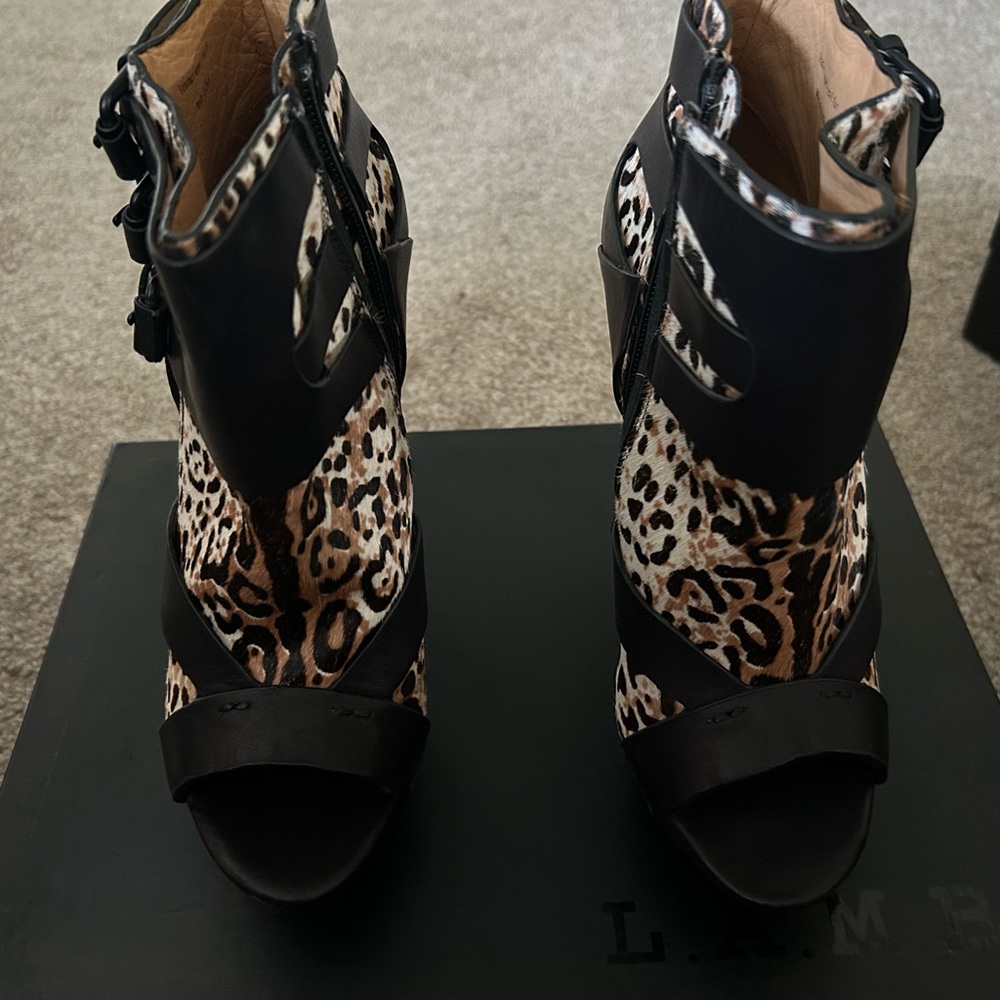 L.A.M.B. Brown and Black Heeled Boots with Leopard Print